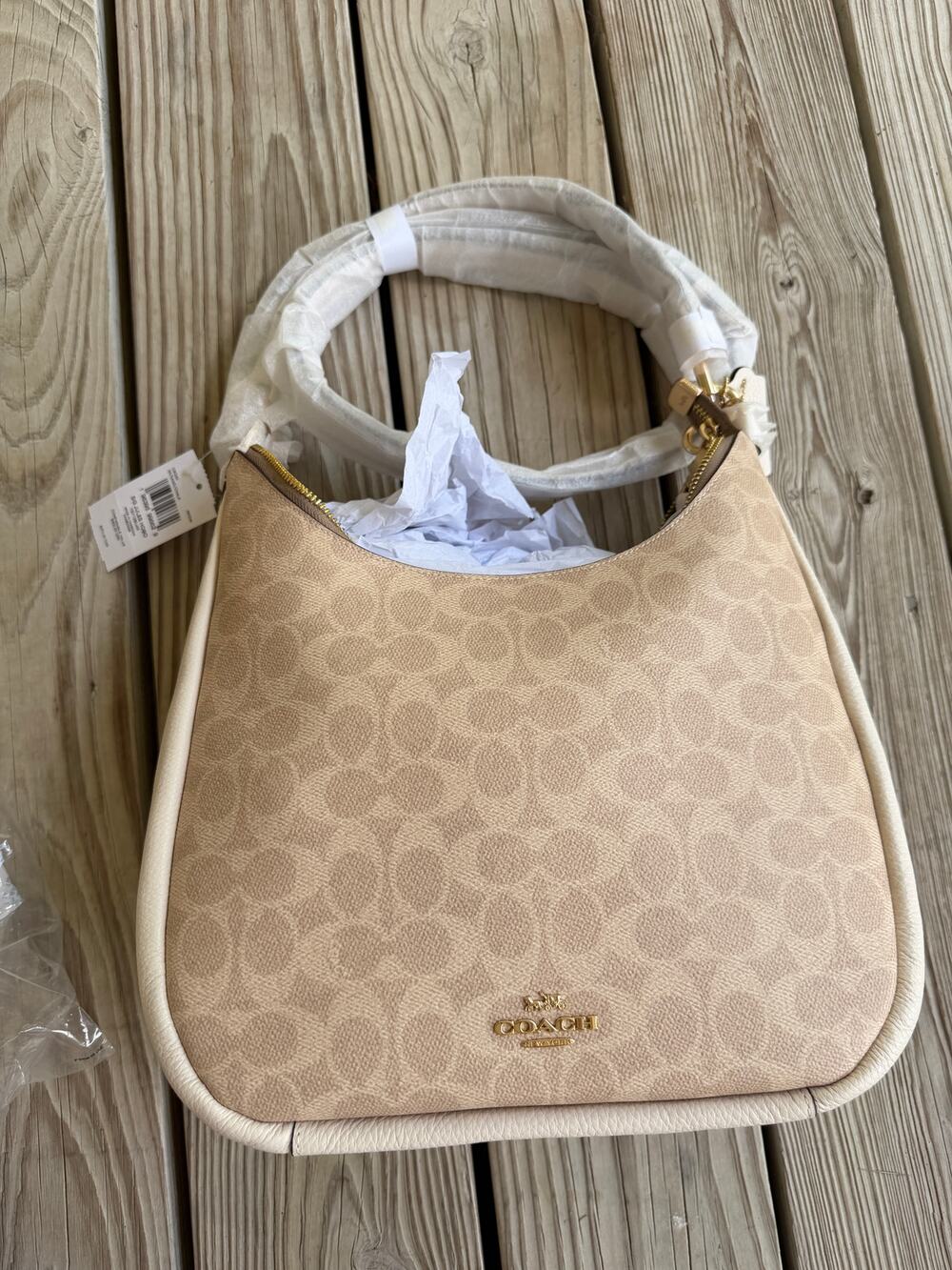 Coach Jules Hobo bag CBQ80 in sand/chalk signature canvas leather gold NWT